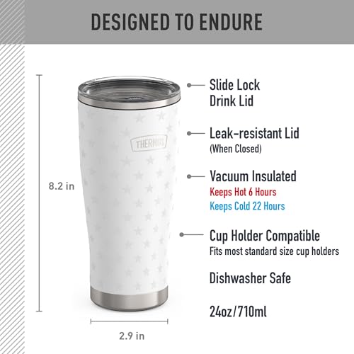 Image of THERMOS Icon Series 24oz Stainless Steel Tumbler with Slide Lock Lid, Leakproof, Fits Cupholder, Dishwasher Safe, Griptec Non‑Slip Base, Keeps Drinks Hot 6 Hrs /Cold 22 Hrs, White Stars
