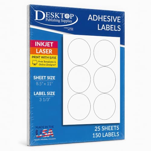 White Round Labels 3 1/3" Permanent Adhesive Matte Finish - 150 Labels