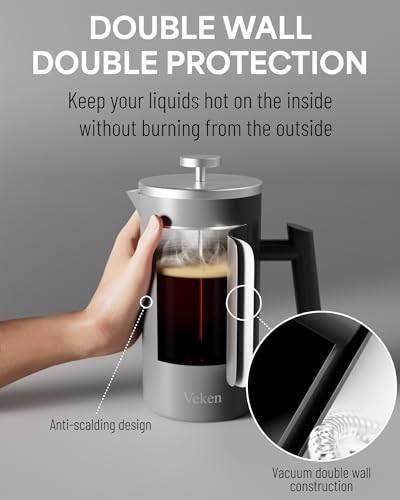 Veken-French-Press-Plunger-Coffee-Tea-Maker-34-Ounce-1-Liter-Double-Wall-Vacuum-Insulated-Stainless-Steel-Coffee-Press-with-4-Filter-Screens-for-Camping-Travel-Gifts-Dishwasher-Safe-Grey