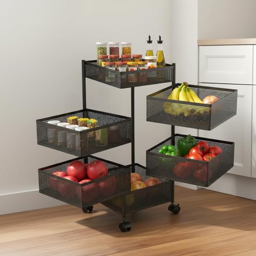 Image of BonKaso 6-Layer Square Multipurpose Kitchen Trolley with Swivel Storage Basket & 360 Rotating Wheels, Black Steel Frame, Easy Mobility, Space-Saving and Durable