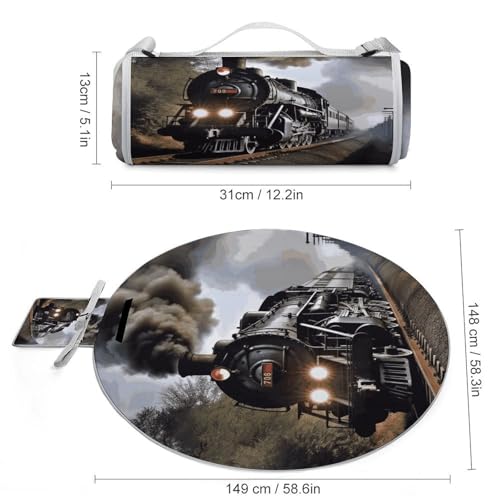 Manta para exteriores plegable y redonda con estampado de tren, ideal para picnic o camping 4