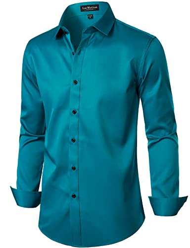Lucmatton Men's Stylish Stretch Wrinkle-Free Dress Shirt Formal Long Sleeve Slim Fit Button Down Shirts For Wedding Party Teal X-Large #TOP1