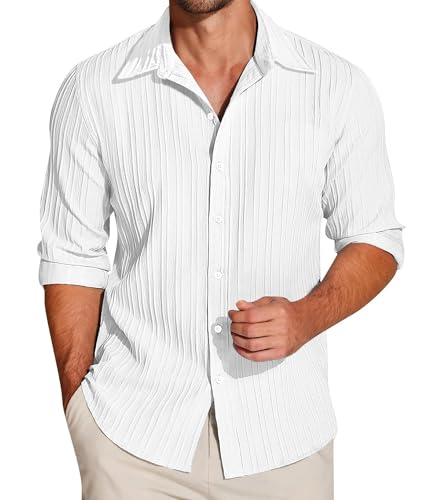 Image of FILO HEVIS Men's Casual Button Down Popcorn Shirts Stylish Long Sleeve Linen Textured Beach Summer Shirt