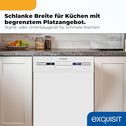 Exquisit Geschirrspüler | 9 Maßgedecke, Energieeffizienzklasse E, 49 dB(A) | schmal, kompakt, 7 Programme, Eco, Intensiv, Kurz, Extra-Trocknung, Startzeitverzögerung | GSP59309-030E weiss
