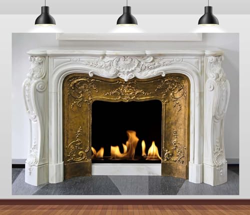 CORFOTO 5x3ft White Marble Fireplace Backdrop Interior European Style Stone Fireplace Photo Backdrop Winter Christmas Fireplace Photography Background Home Decor Photo Booth