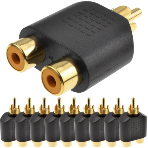 Adaptador de Audio 2X RCA Hembra a Macho, Adaptador Doble RCA, Conector Dorado, Apto para subwoofer, Amplificador, TV, Reproductores CD/DVD, 10 Unidades