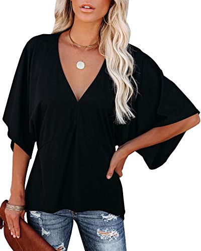 Womens V Neck 3 4 Bell Sleeve Blouse Tops Summer Loose Solid Kimono Shirt Patchwork Irregular Hem Tunic Black