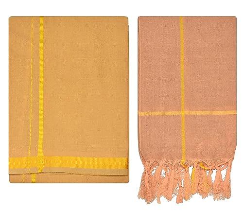 Kolakeer™ Men's Cotton Color Dhoti Set - 1.9 Mtrs Dhoti with 1.2 Mtrs Angavastram - Pentex Mundu Angavastram Set (Beige)