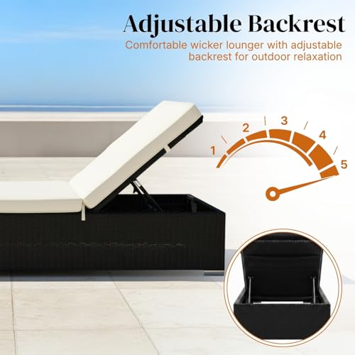 Image of DEVOKO 2 Pieces Outdoor Wicker Lounge Chairs Set with Adjustable Backrest and Glass Top Coffee Table Patio Furniture for Poolside, Balcony, Lawn (Black & White)