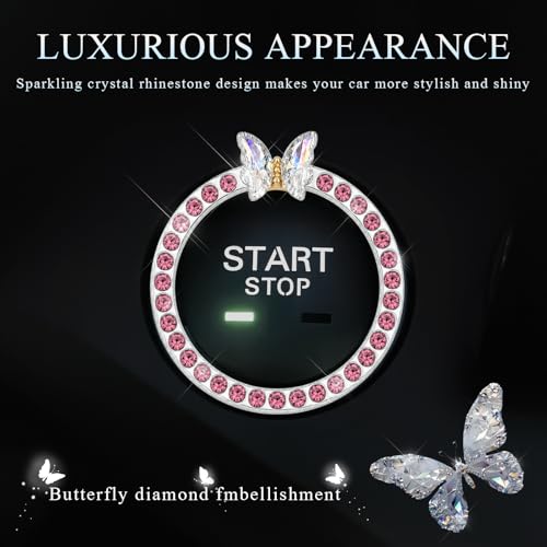 Image of DXNQ 2PCS Bling Ring Emblem, Sparkling Butterfly Car Buttons and Knobs Ring, Girly Butterfly Diamond Car Engine Start Button Cover, Key Ignition Knob Rings Decoration for Women (Pink, Single Row)