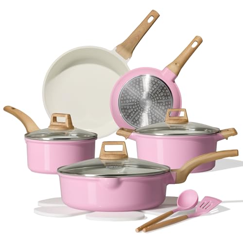 CAROTE Ceramic Cookware Set, 14 PCS Pots and Pans Set Non Stick, Pot and Pan Set with Frying pan, Induction Ready Cooking Set for Kitchen, PFOS/PFOA/PFAS Free, Pink