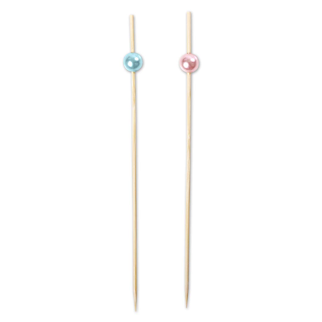 Andaz Press Natural Bamboo Drink Stirrer Cocktail Picks, 5-Inch Long with Light Pink and Baby Blue Pearl Bead, Wood Swizzle Stick, Toothpicks, 100 Pack Cocktails, Hors D'oeuvres, Party Appetizers