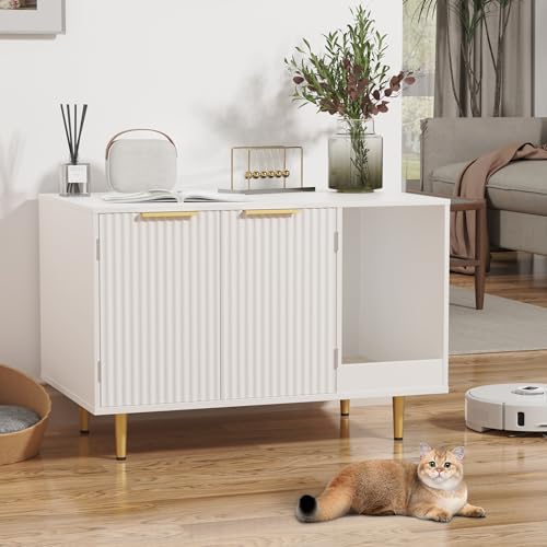 Housoul Litter Box Enclosure, Cat House Litter Box Furniture Hidden with Scratching Mat, Modern Cat Washroom Indoor, Side End Table, Storage Cabinet Bench for Living Room, Bedroom, White