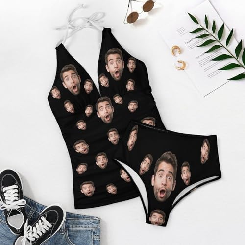 Custom Face Matching Hawaiian Set Swimsuits for Couples,Personalized Women's Halter Deep V-Neck Bikini Sets or Men's 2 Piece Button Down Shirts and Shorts for Beach Vacation2