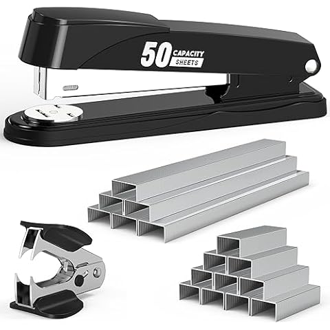 Metal Stapler Heavy Duty 50 Sheet Capacity with 1750 Staples and Staple Remover, Full Strip Staplers for Desk, No Jam, Non-Slip Office Stapler with Staples for Office & Classroom, Black Cover