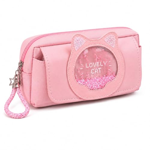 Image of Cute Kawaii Pink Cat Pencil Case for Girls - Large Capacity Double Layer PU Leather Pencil Pouch & Stationery Organizer for Aesthetic School Supplies, Travel, Office & Gifts