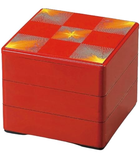 J-kitchens 重箱 3段 4.5寸 彩 お重箱 朱松葉市松 13.4cm x 13.4cm x 12.7cm 日本製