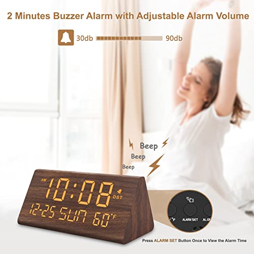 Image of DreamSky Digital Alarm Clock for Bedrooms - Wooden Desk Clock with Date | Day of Week, USB Port, Temperature, Dimmer for Bedside Table, Living Room, Office, Adjustable Volume, Auto DST, Wood Decor