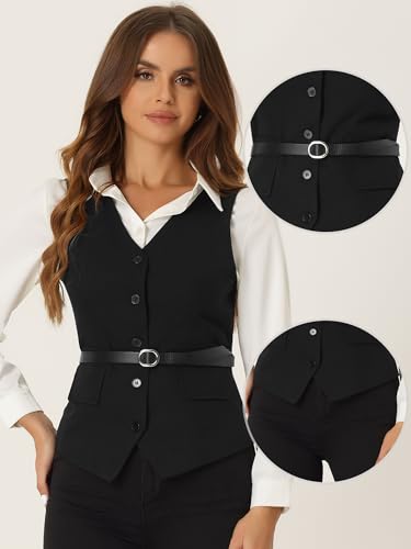 Allegra K Suit Vest for Women's 2024 Fashion Button Up Belt V Neck Sleeveless Waistcoat2