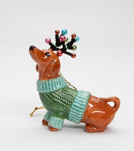 Cosmos Gifts 57012 Dachshund Dog in a Green Sweater with Reindeer Antlers Ornament, Multi-Colored, 3 3/8" x 1 5/8" x 3 7/8" H