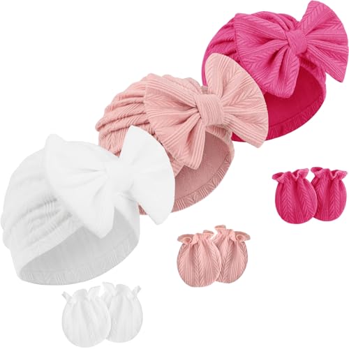 Image of AQOKKA Newborn Baby Bow Hats and Mittens Hospital Hat Beanie Infant Caps Baby Cotton No Scratch Mittens for 0-12 Months