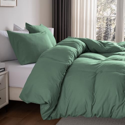 Image of Super Soft Queen Duvet Cover Set, 3 Piece Prewashed Microfiber Cotton-Like Bedding Set, Granite Green Duvet Cover 90x90 with Button Closure, 2 Pillow Shams for All Seasons,Comforter Not Included