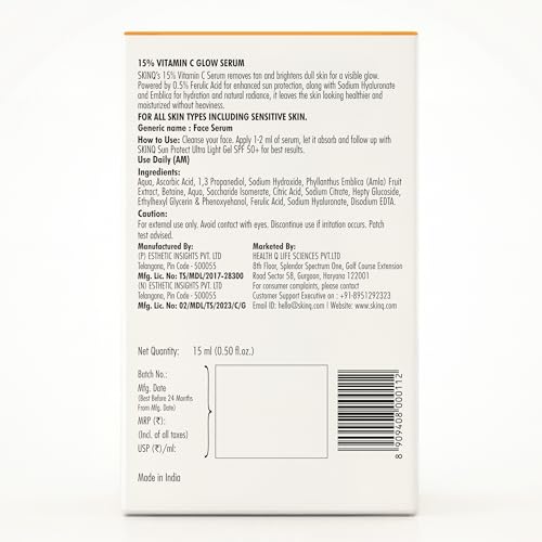 Image of SKINQ 15% Vitamin C Glow Serum with L Ascorbic Acid, Ferulic Acid & Sodium Hyaluronate | Reduces Tan & Brightens Skin | Lightweight, Non-Sticky | For All Skin Types | In-Vivo Tested I Derma Formulated | 15ml