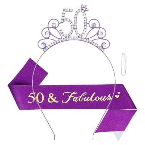 Casoty Purple 50th Birthday Sash and Tiara for Women, 50th Birthday Decorations Women, 50 and Fabulous Sash and Crown Set, Happy 50th Birthday Party Supplies, 50th Birthday Gifts for Women Cover