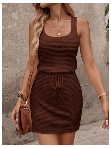 Image of RoseSeek Women's Waffle Knit Belted Tank A Line High Waisted Dresses Square Neck Sleeveless Summer Short Dress