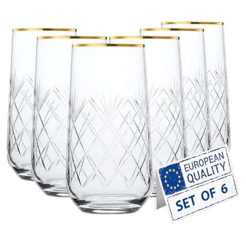 Biandeco Crystal Cut Gold Rimmed Highball Glasses Set of 6, Handmade Tall Glass Cups for Cocktail, Long Drink, Water, Juice, Ice Tea, Mojito, 16 oz Cover