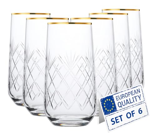 Biandeco Gold Rimmed Glasses Drinking Set of 6 | 16 oz Handmade Crystal Cut Gold Rim Glass Cups Drinkware for Cocktails, Mojitos, Juice, Water & Ice Tea | Luxury Glassware for Parties & Everyday Use