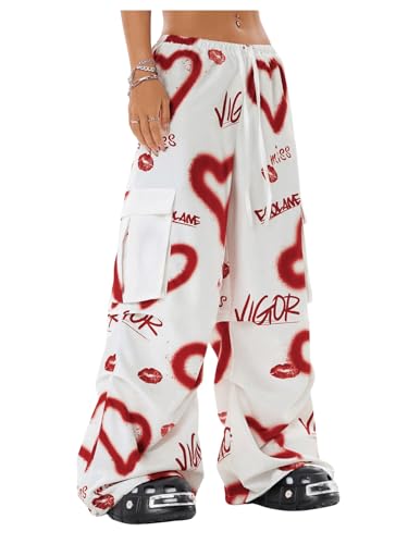 MakeMeChic Women's Heart Print Baggy Cargo Pants Flap Pocket Elastic Waist Wide Leg Trousers