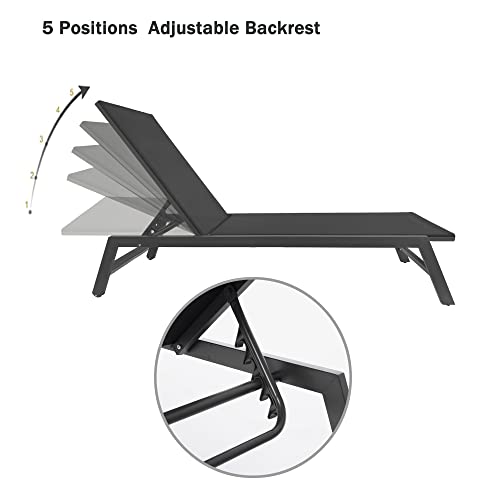 2-Pcs Chaise Outdoor Lounge Chairs With Five-Position Adjustable Backrest Sturdy Fabric Aluminum Recliner Easy Assembly Waterproof Lightweight All Weather For Patio Beach Yard Pool (Black) #TOP5