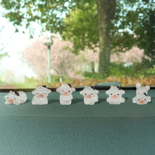 DUSCOKE 6PCS Cute Luminous Cow Car Dashboard Decoration Set - Mini Resin Rear View Mirror Ornaments Car Center Console Decoration - Cartoon Figurine Auto Interior Accessories for Women Men (Dairy Cow)