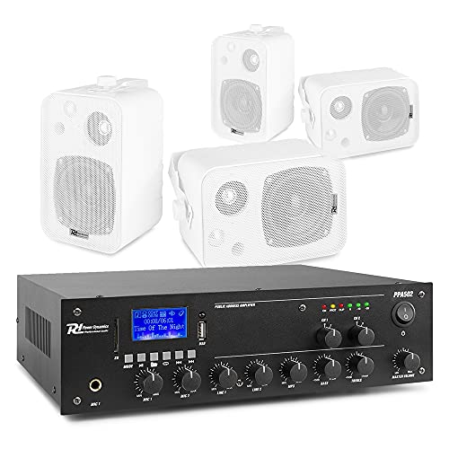 Power Dynamics 4 Wall Mounted Speaker System with 2-Zone 50W Mixer Amplifier, Bluetooth & USB – White Background Music PA Installation for Cafe, Shop, Bar, Restaurant