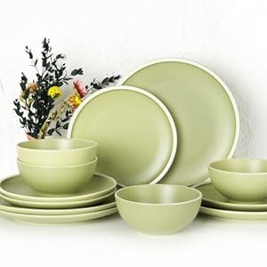 Dinnerware Sets, Ceramic Plates and Bowls Sets, Dish Set for 4 Oven & Microwave Safe, Modern Kitchen 12 Pieces Green Dishes