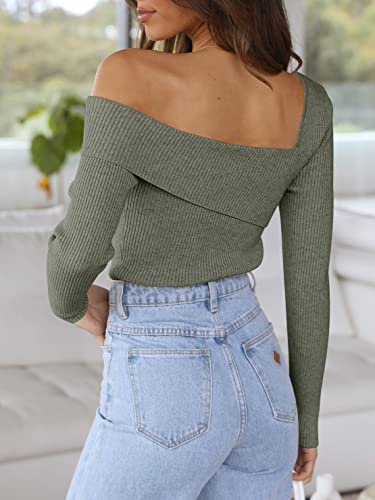 Anrabess Women's Long Sleeve Off Shoulder Square Neck Ribbed Knit Slim Fit Wrap Pullover Sweate 646Nenlvse-L Light Green #TOP4