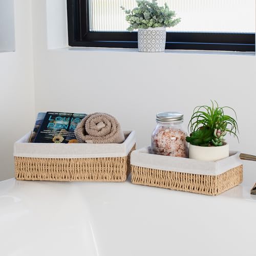 Beautiful Toilet Paper Storage Basket Set of 2 – Decorative Wicker Bathroom Organizer for Toilet Tank Trays - Quality Holder Bin for Shelves Fits Perfectly with Any Bathroom Decor Beautiful Toilet Paper Storage Basket Set of 2 – Decorative Wicker Bathroom Organizer for Toilet Tank Trays - Quality Holder Bin for Shelves Fits Perfectly with Any Bathroom Decor