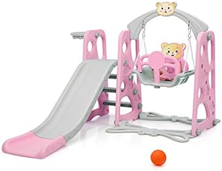 COSTWAY 4-in-1 Toddler Climber and Swing Set with Removable Basketball Hoop, Long Slide, Easy Climb Ladder, Children Play Area for Outdoor and Indoor (Pink+Grey)