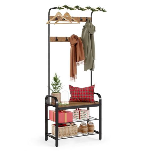 VASAGLE Garderobenständer, Garderobe, mit Schuhbank, 4-in-1 , 9 abnehmbare Haken, Kleiderstange, Eingangsbereich, Flur, 33,7 x 72 x 183 cm, Industrie-Design, walnussbraun-schwarz HSR040B41 VASAGLE Garderobenständer, Garderobe, mit Schuhbank, 4-in-1 , 9 abnehmbare Haken, Kleiderstange, Eingangsbereich, Flur, 33,7 x 72 x 183 cm, Industrie-Design, walnussbraun-schwarz HSR040B41