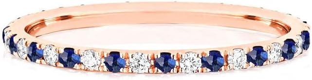 Round Cut Blue Sapphire & White Diamond Full Eternity Ring For Women, 14K Gold Plated 925 Silver September Birthstone Blue Sapphire Full Eternity Wedding Anniversary Matching Band