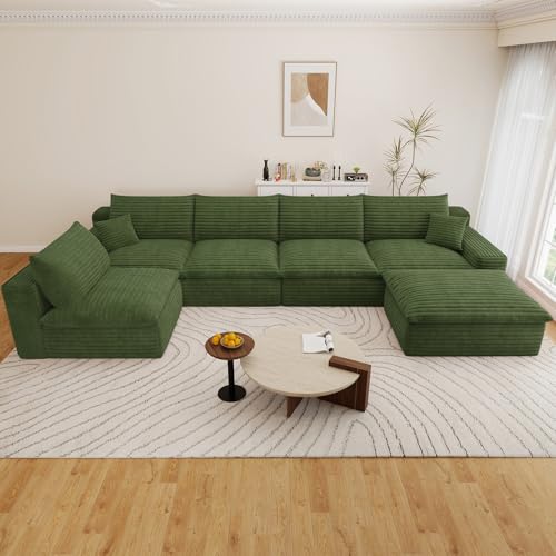 Image of 136 inch Cloud Couch Modular Sectional Sofa for Living Room, U-Shape Boneless Couch with Deep Seat, Modern Corduroy 5-Seater with Ottoman, No Assembly Required, Green