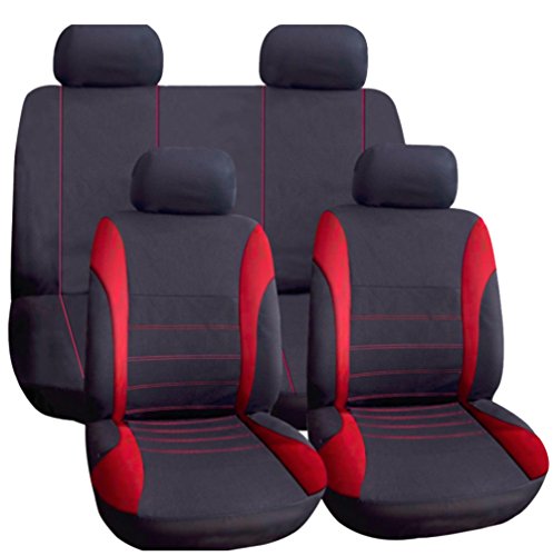 Wheels N Bits Universal Durable Cloth Car Seat Cover Full Set (Red & Black)