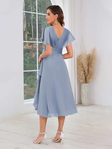 Women's V Neck Mother of The Bride Dresses for Wedding Ruffle Chiffon Tea Length Formal Evening Party Gowns3