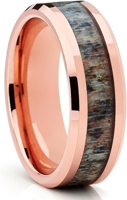 OVIEDO JEWELRY Deer Antler Wedding Ring, Rose Gold Tungsten Ring, 8mm Anniversary & Engagement Band,Comfort Fit,Beveled Edges,Men's & Women's,Tungsten Caride Ring