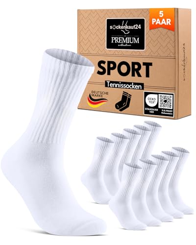 sockenkauf24 Sportsocken Herren Socken 43-46 Weiß Tennissocken Gepolstert Atmungsaktive Baumwolle 5 Paar Premium Crew Socken