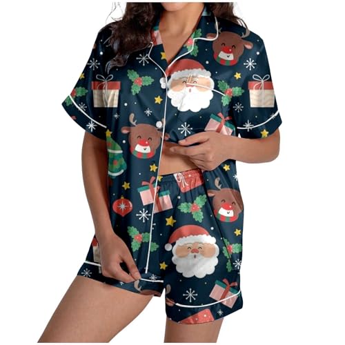 Conjunto de pijama para mujer, diseño de muñeco de nieve y Papá Noel, de satén, manga corta, con botones, ropa de dormir, 05# Azul marino, XL