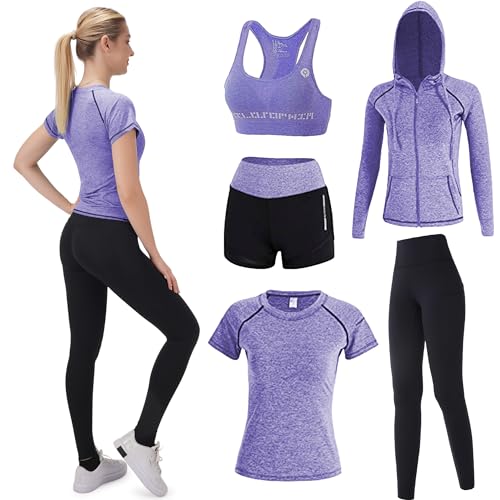 FRECINQ Conjuntos Deportivos para Mujer 5 Piezas Suave Transpirable Cómodo Mujer Chándales Ropa de Correr Yoga Fitness Pilates