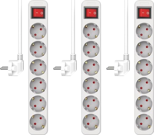 3-er Set ELRO ES106 6-Fach Steckdosenleiste mit Schalter und 1,5m Kabel – Kindersicherung – Schukostecker – max. 3680 W – TÜV-geprüft - Weiß