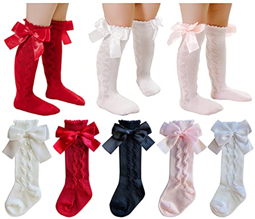 Image of QandSweet Baby Girl Knee-High Socks Toddlers Bow Stockings Newborn Infant Non-Slip Sock
